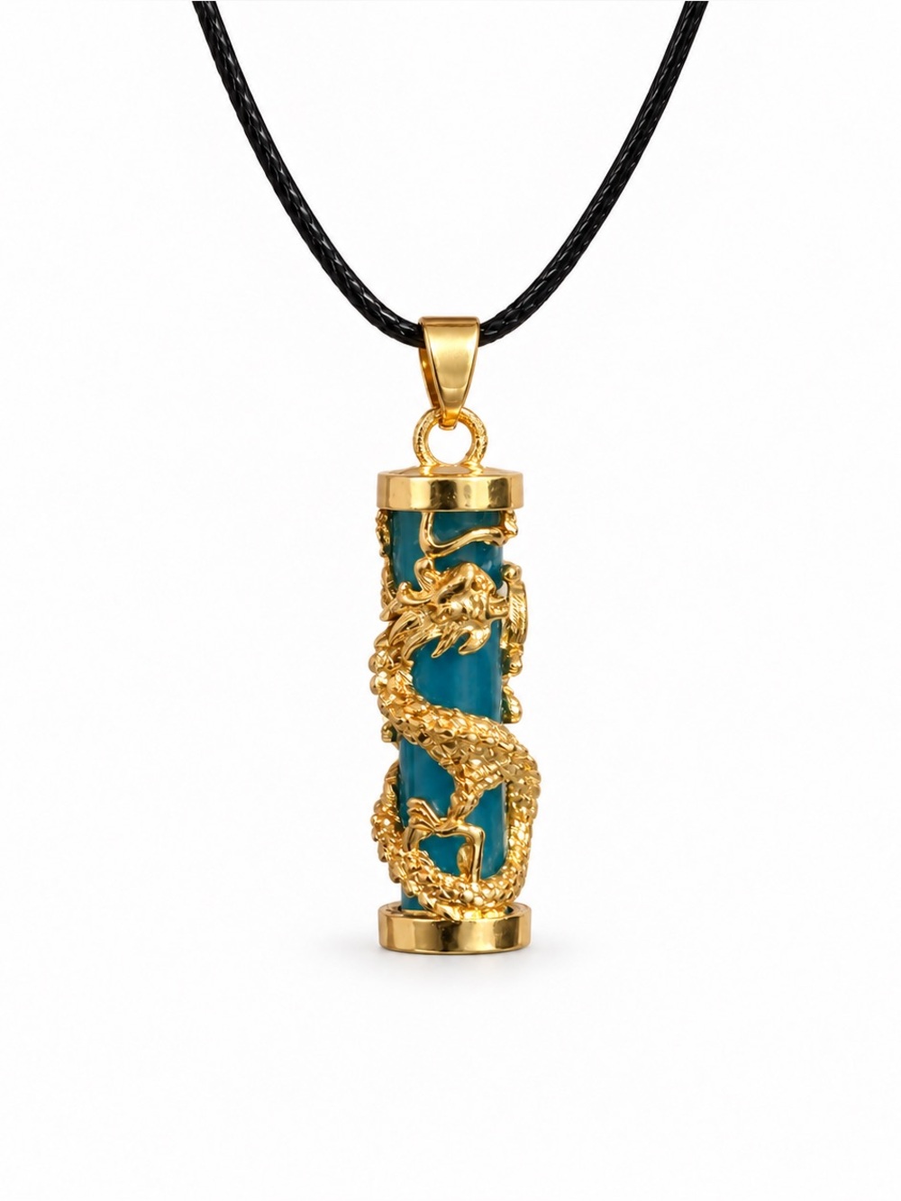 Teal Blue Gold Tone Dragon Pendant Black Cord Necklace (N35)
